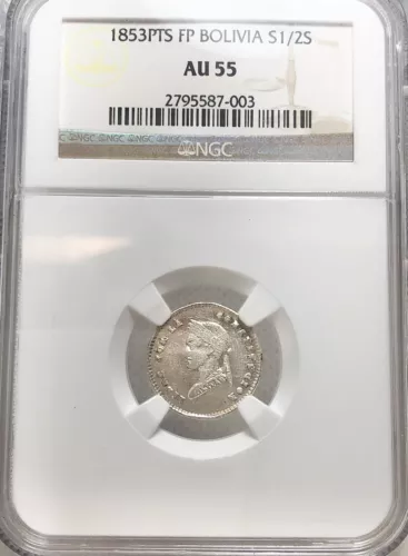 Bolivia 1853 FP-PTS 1/2 Sol, NGC AU 55, Km#118.1. Rare Coin