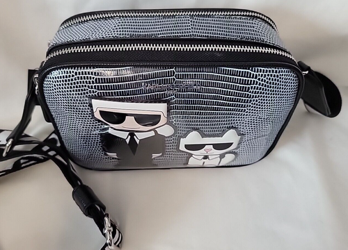 Karl Lagerfeld Paris Maybelle Jet Black Snakeskin Camera Crossbody Bag Purse - Picture 6 of 8