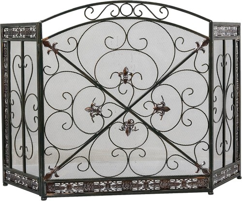 3 Panel Iron Fireplace Mesh Screen Antique Scroll Metal Fleur De Lis Traditional - Picture 11 of 12