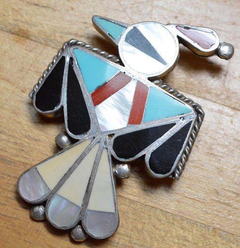 Zuni Inlay THUNDERBIRD Sterling Silver Pin DEG X403D