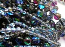 Mermaid Glass Beads 6,8,10,12mm beads Round Beautiful Rainbow Glossy Black 15.5"