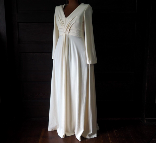 VTG 70s Ivory Yellow Cocktail Renfaire Gown Wide Sleeve Grecian Plunge Dress M - Picture 4 of 10