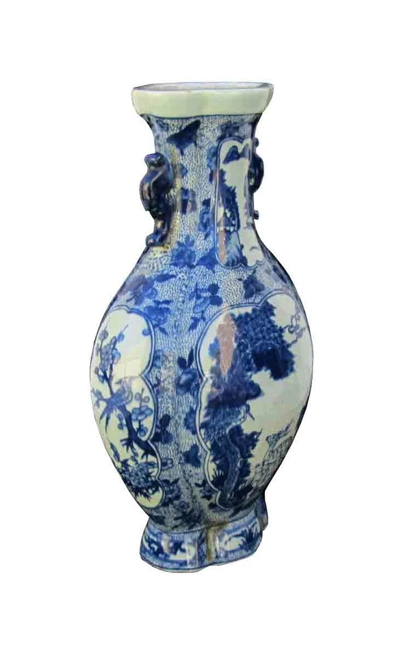 Jarrón chino de porcelana de dos orejas con paisaje de montaña de ciervo y pino azul y blanco JZ439 Foto 2 de 4