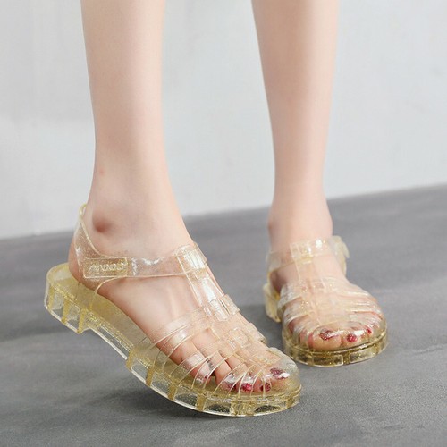 Damen-Sandalen mit flachen Sommerschuhen geschlossener Zehenpartie Beach Jelly ausgeschnitten T-Riemen - Bild 11 von 17