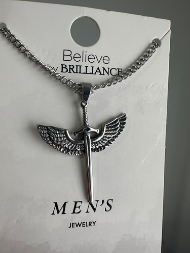 Believe by Brilliance Stainless Steel 24" Necklace Silver Tone Cross with Wings - Picture 5 of 11
