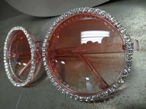 OVERSIZED EXAGGERATED RETRO SUN GLASSES Large Huge Round Pink Frame Rhinestones - Picture 4 of 5
