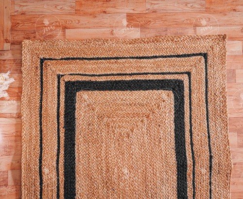 Alfombra de felpudo/corredor de yute trenzado a mano, borde beige y negro, alfombra de área grande - Imagen 5 de 6