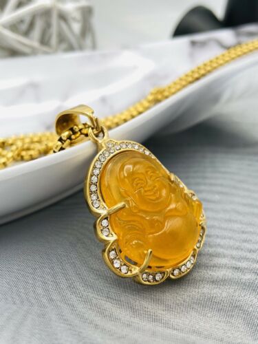 Collar Colgante Buda de Jade con Cristal Enchapado en Oro 18K Dije Hip Hop Cadena - Imagen 24 de 50
