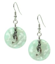 Silver-Tone Mermaid Earrings Round Dangle Translucent Light Green 1 7/8 Inches