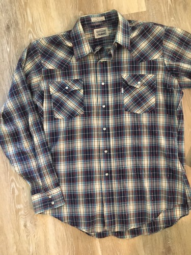 Vintage ‘70s LEVI’S SF Pearl Snaps western Cowboy Mens Shirt L Plaid Shiny Korea - Picture 2 of 10