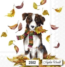 (2502) TWO Paper LUNCHEON Decoupage Art Craft Napkins - DOG AUTUMN FALL LEAVES