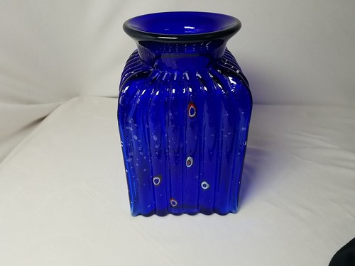 Ribbed Cobalt Blue Art Bubble Glass Canister Vase With Millefiori Beads Embedded - Picture 6 of 9