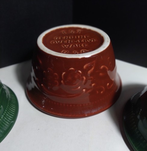 Taylor Smith & Taylor Custard Cup Bowls Green & Burgundy Oven Serve 4"W Set of 4 - Picture 7 of 11