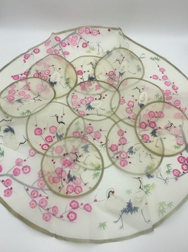Chinese Crane Bird Flower Watercolor Painting on Silk Lot 1 Large 11 Small Round - Picture 2 of 12