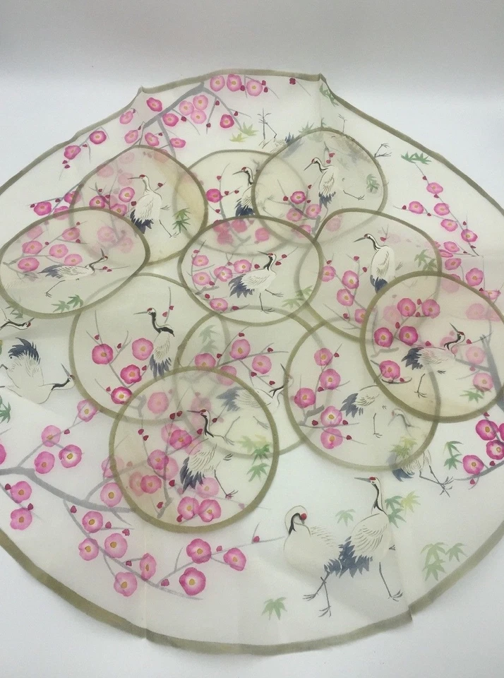 Chinese Crane Bird Flower Watercolor Painting on Silk Lot 1 Large 11 Small Round - Image 2 of 4