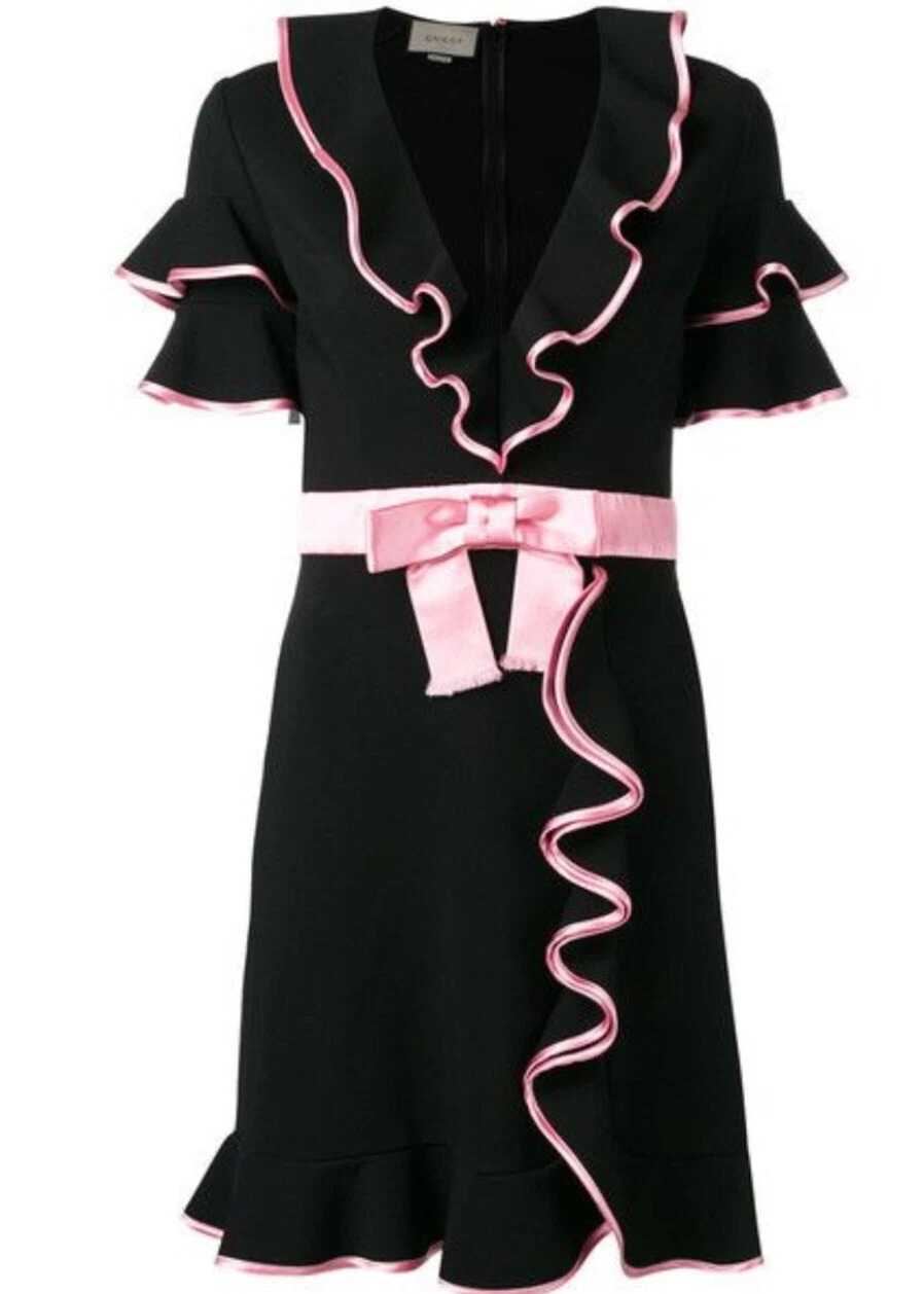 ROBE À MANCHES COURTES GUCCI NOIR ROSE SATIN GARNITURE ARC TAILLE M