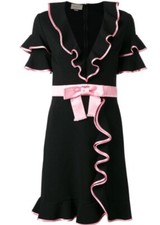 NEW GUCCI BLACK PINK SATIN TRIM RUFFLE BOW SHORT SLEEVES DRESS SZ M