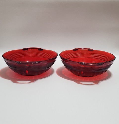 Vintage Anchor Hocking Coronation Royal Ruby Red Glass Bowls, Handles, Set Of 2 - Picture 3 of 12
