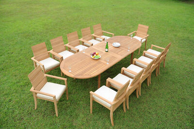 13-Pc Outdoor Teak Dining Set: 117'' Oval Extn Table, 12 Stacking Arm Chairs Alps