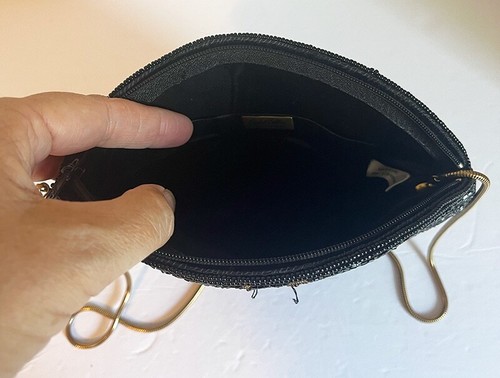 Vintage Andre Cellini Black Floral Beaded Attached Chain Fancy Evening Bag Purse - Picture 4 of 5