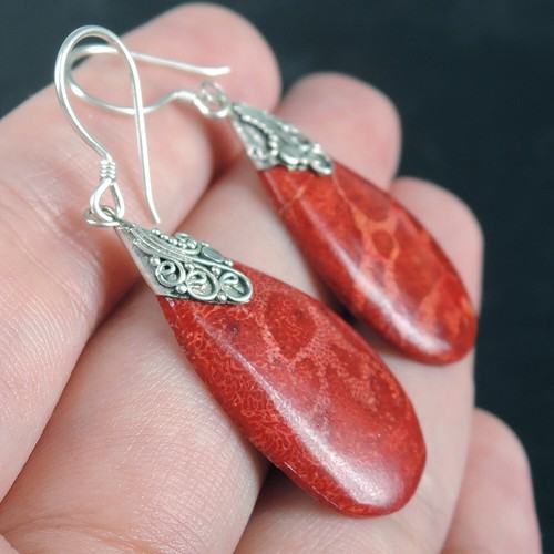Pendientes de coral rojo natural en forma de lágrima de plata esterlina 925 joyería, RCE-90 - Imagen 3 de 6