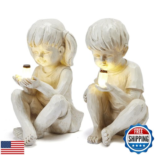 Große Garten Kinder Statuen Leuchten Glühwürmchen Glas Solarbetrieben | 2er Set F