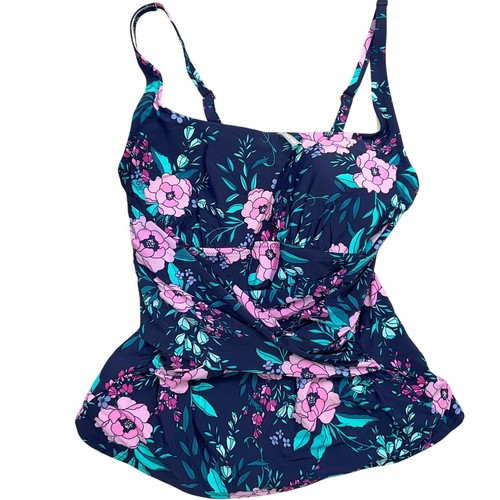 Lands' End Tankini Top Women 12 Navy Pink Floral Twist Drape Tummy Control