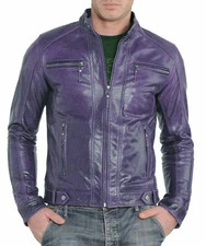 Men's Purple Biker Jacket Genuine Lambskin Leather Cafe Racer Motorcycle Jacket