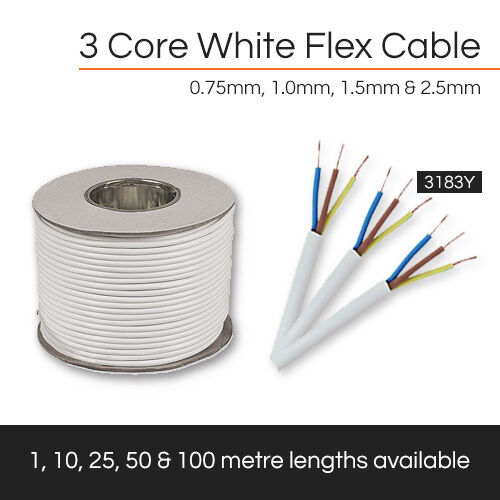 WHITE 3 CORE FLEX CABLE 0.75MM-2.5MM 3183Y FLEXIBLE CABLE X1M,10M,25M,50M,100M - Picture 1 of 1