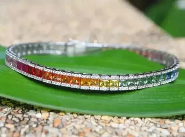 20 Ct Lab Created Rainbow Sapphire Women's Tennis Bracelet 14k White Gold Plated - Image 3 of 4