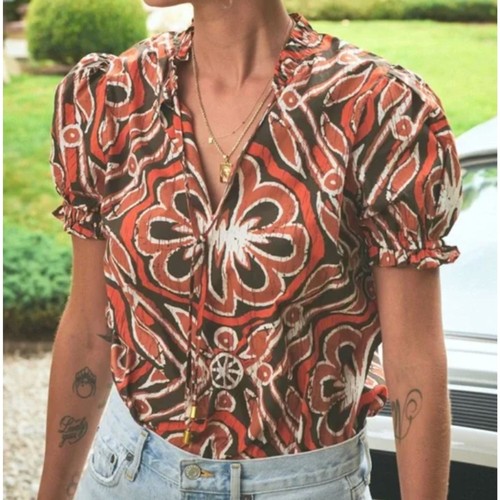 ~Selten The Odells Med Boho Top V-Ausschnitt Bindeband Rüschen kurz Ballonärmel braun rost - Bild 11 von 16