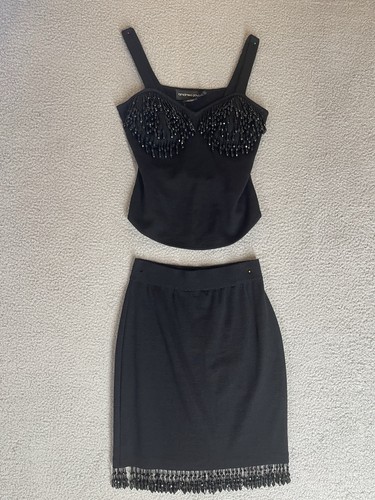 Conjunto de falda tejida negra vintage años 90 Andrea Jovine pequeña bustier con cuentas - Imagen 6 de 24