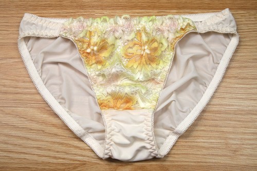 VINTAGE JAPANESE NYLON SHINY SLIPPERY PRETTY CUTE FLORAL CREAM PANTY SMALL