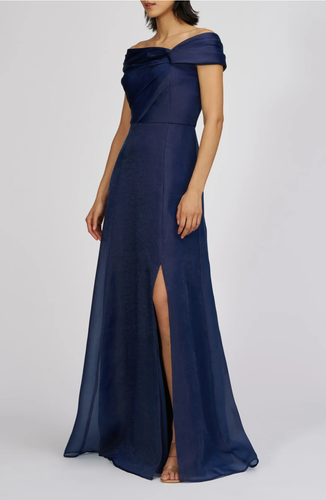 NEW JS COLLECTIONS Navy ISADORA Off the Shoulder ORGANZA Slit EVENING GOWN 12 - Picture 13 of 17