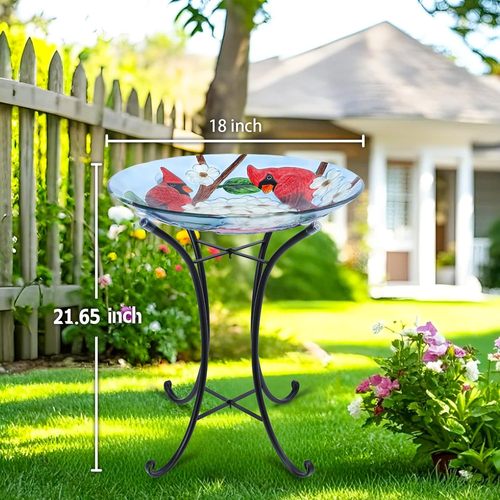 Outdoor Glass Birdbath with Metal Stand for outside Yard Garden Decor, 18 Inch D - Picture 2 of 7