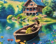 8x10 Landscape Painting SERENE LAKE HOUSE Woman Boat Swan Peaceful Scene