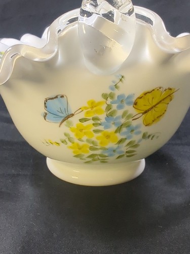 Vintage Fenton Glas Silber Wappen blau gelb Schmetterlinge Blumen Korb Unikat - Bild 2 von 9