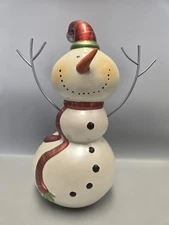 Pier 1 Imports 11” Ceramic Enamel Metal Snowman Whimsical Decor EUC