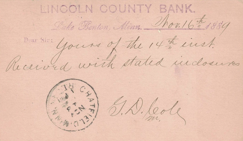 1889 Lake Benton, Minnesota Cancel on County Bank Postcard Sent to Chatfield, MN - Picture 2 of 2