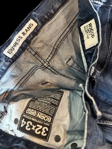 Express Rocco Jeans Mens 32x34 Blue Denim Slim Fit Boot Cut Distressed Patches - Imagen 3 de 3