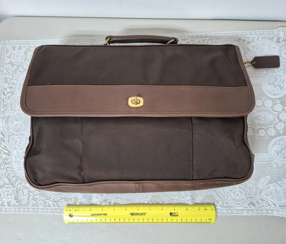 De colección COACH #5321 "Flap Brief" Nylon Cuero Turnlock Maletín Bolso Mensajero Foto 4 de 4
