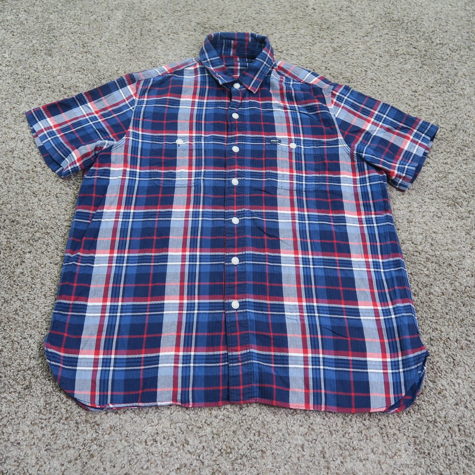 Polo Ralph Lauren Shirt Mens Large Blue Red Plaid Short Sleeve Button Up Preppy