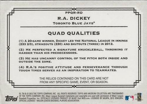 2013 Topps Museum Collection R.A. Dickey #PPQR-RD pezzi primari reliquie oro /25 - Foto 2 di 2