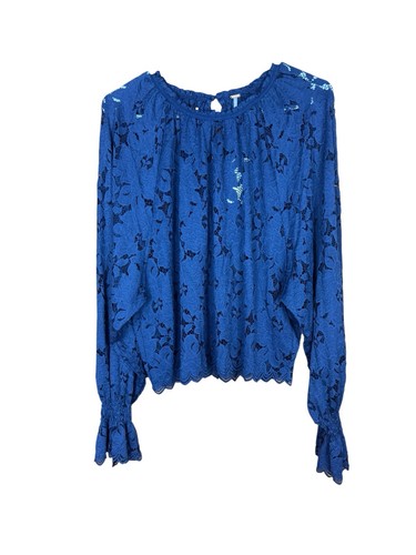 Free People Sheer Blue Lace Floral Peasant Olivia Blouse Small Long Sleeve Boho - Picture 2 of 10