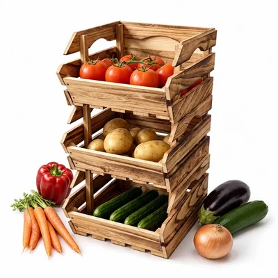 Caisse empilable en bois, caisse à légumes, caisse à pommes de terre, lot de 3 - Photo 1/4
