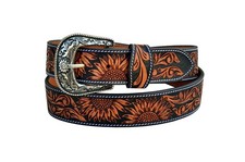 Affilare Western Tooled Leather Belt for Men  Women   Sunflower Floral Design,