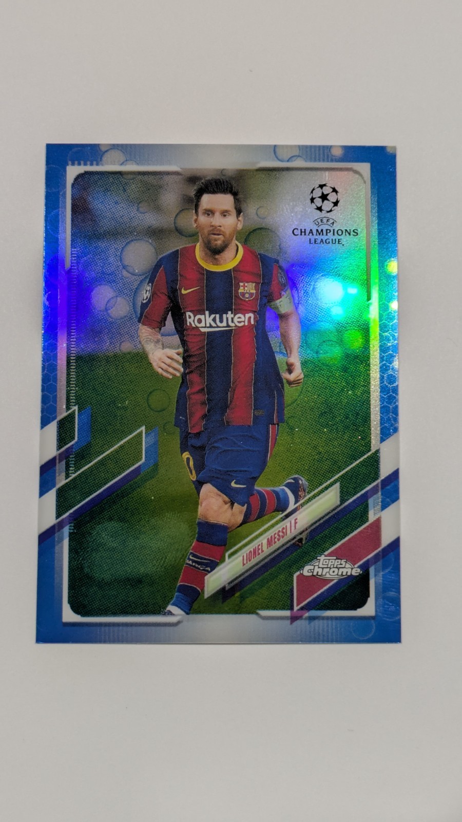 2020 Topps Chrome UCL #1 Lionel Messi Blue Bubbles Refractor SP