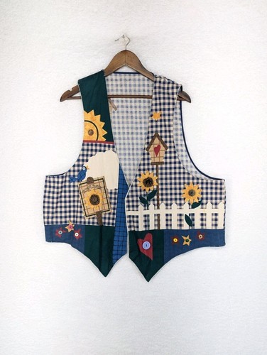 Vintage Handmade Vest Blue White Gingham Checks Sunflower Button L/XL