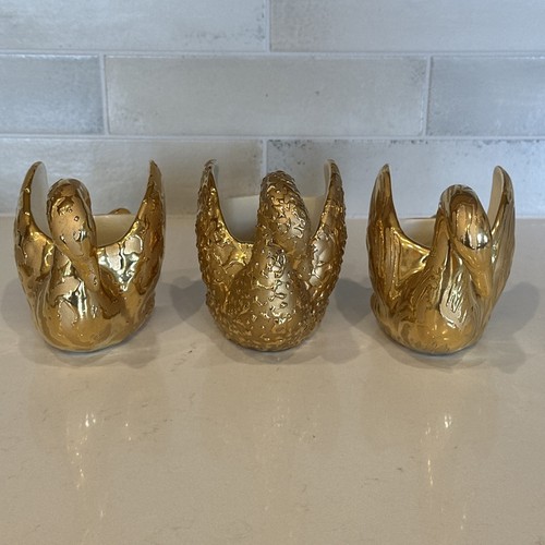 Vtg Lot Of 3 Swetye Salem Ohio Weeping Gold Glaze Swan Vases, Weddings MCM Decor - Picture 9 of 12