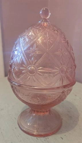 vintage L.E. Smith Depression Glass egg-shaped candy dish in the Alexandra pink